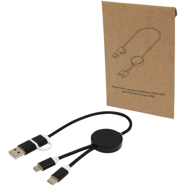 Alasia 5-in-1 recycled aluminium and plastic 30 cm data sync and 27W fast charge cable Solid black