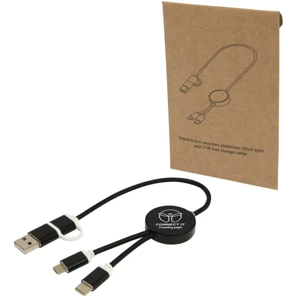 Alasia 5-in-1 recycled aluminium and plastic 30 cm data sync and 27W fast charge cable Solid black