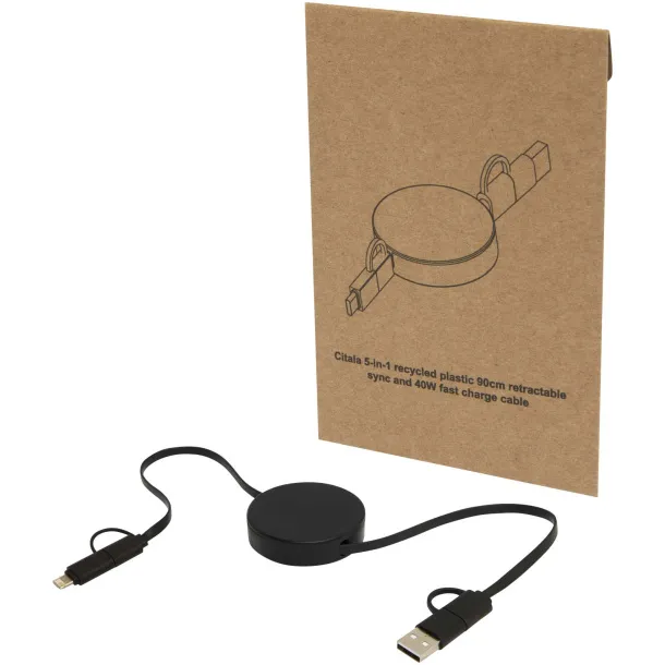 Citala 5-in-1 recycled plastic 90 cm retractable data sync and 40W fast charge cable Solid black