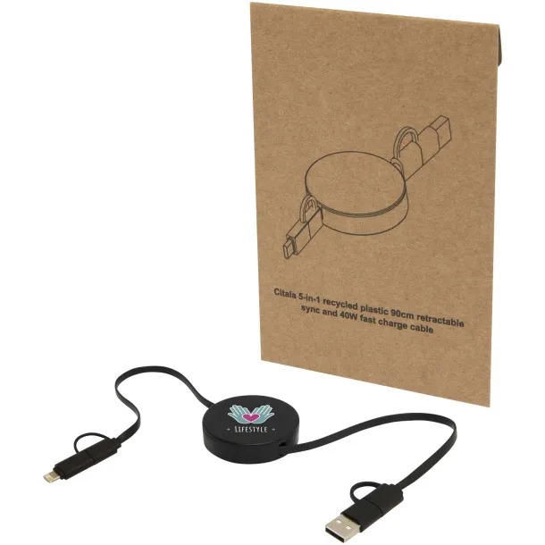 Citala 5-in-1 recycled plastic 90 cm retractable data sync and 40W fast charge cable Solid black