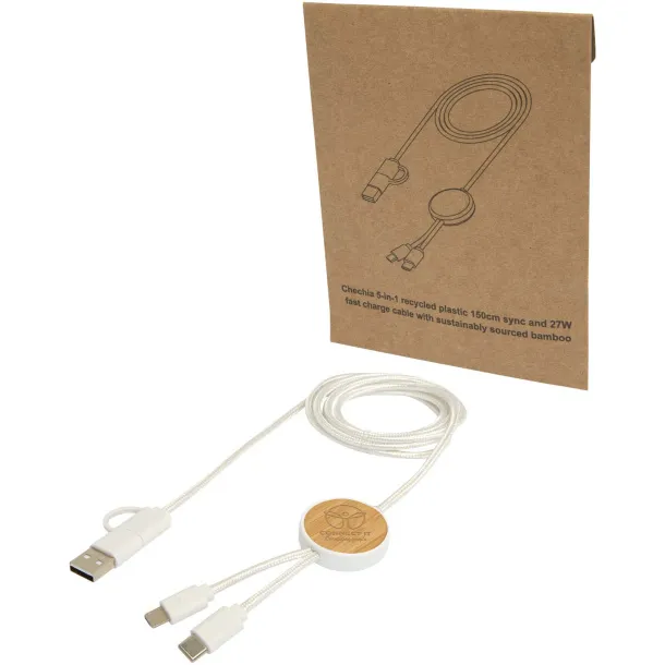 Chechia 5-in-1 recycled plastic 150 cm data sync and 27W fast charge cable with bamboo details White