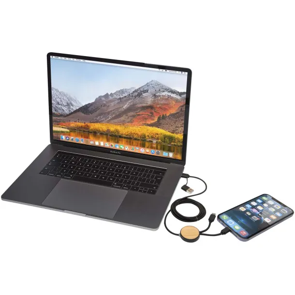 Chechia 5-in-1 recycled plastic 150 cm data sync and 27W fast charge cable with bamboo details Solid black