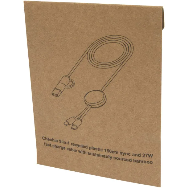 Chechia 5-in-1 recycled plastic 150 cm data sync and 27W fast charge cable with bamboo details Solid black