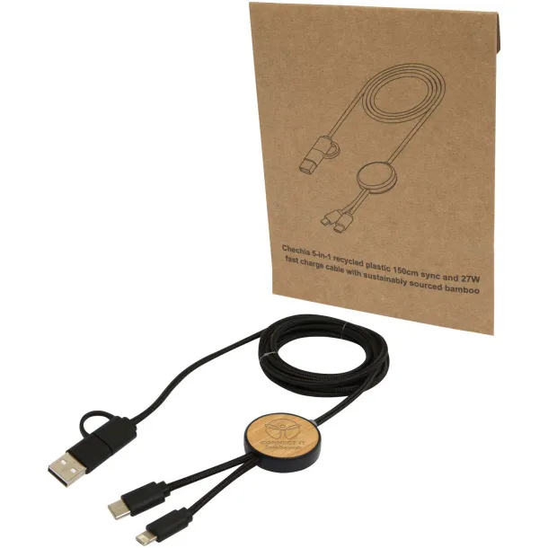 Chechia 5-in-1 recycled plastic 150 cm data sync and 27W fast charge cable with bamboo details Crna