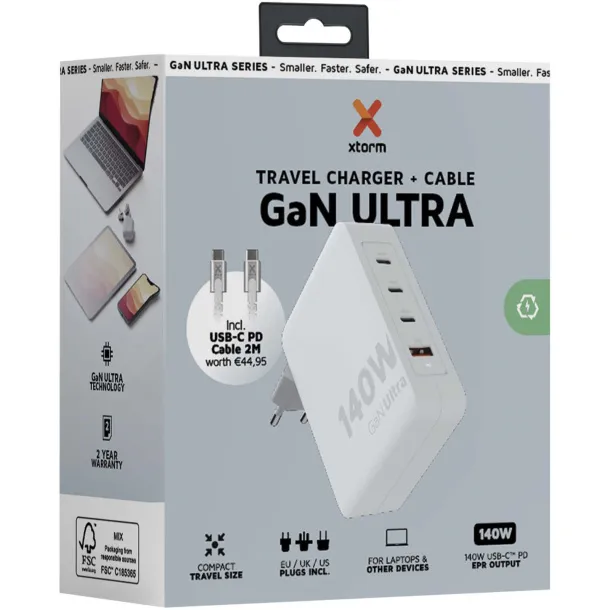 Xtorm XVC2140 GaN Ultra 140W putni punjač s USB-C PD kabelom snage 240W - Xtorm Bijela