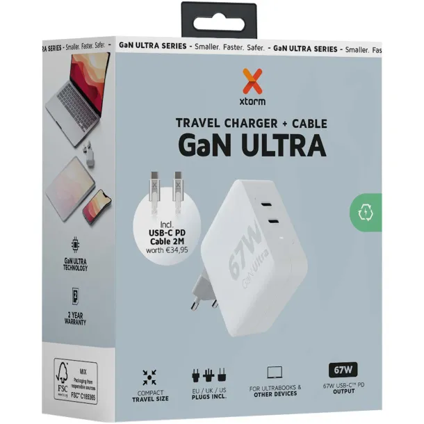 Xtorm XVC2067 GaN Ultra 67W putni punjač s USB-C PD kabelom od 100W - Xtorm Bijela
