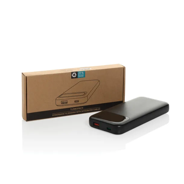 Turbopack prijenosna baterija od 10.000 mAh s inegriranim kabelima od RCS rplastike - XD Collection Crna 