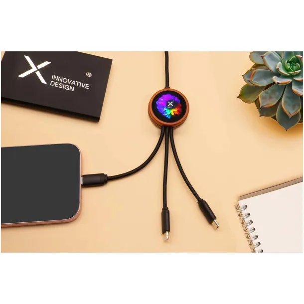 SCX.design C37 3-in-1 rPET light-up logo charging cable with round wooden casing - SCX.design Wood SCX.design C37 3-in-1 rPET light-up logo charging cable with round wooden casing - SCX.design Wood