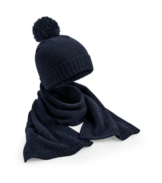  Knitted Scarf and Beanie Gift Set - Beechfield Navy Fleck