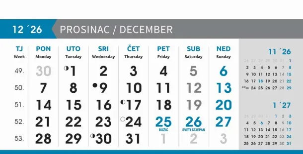  "POSLOVNI SIVO - PLAVI" 13 list., dim: 20,5x14,5 cm, stolni kalendar, koverta, P/50 Color
