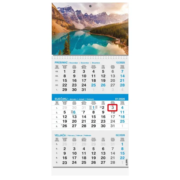  "Poslovni SIVO-PLAVI" trodjelni kalendar s fotografijom, 12 list., dim: 29,5x62cm, PVC vrećica, pokazivač, P/50 Plava