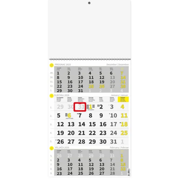  "Poslovni ŽUTO-SIVI" three month calendar, 12 sheets, format:29,5x62cm, PVC bag, P/50 Žuta