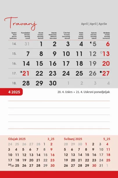  "TRODJELNI STOLNI VERTIKALNI" 12 list., dim: 10x19 cm, stolni kalendar, P/50 Color