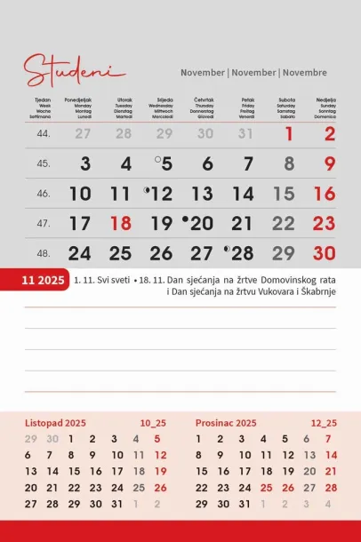  "TRODJELNI STOLNI VERTIKALNI" 12 sheets, format: 10x19 cm, desk calendar, P/50 Color