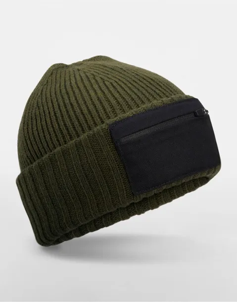  Zip Patch Beanie - Beechfield Military Green Black