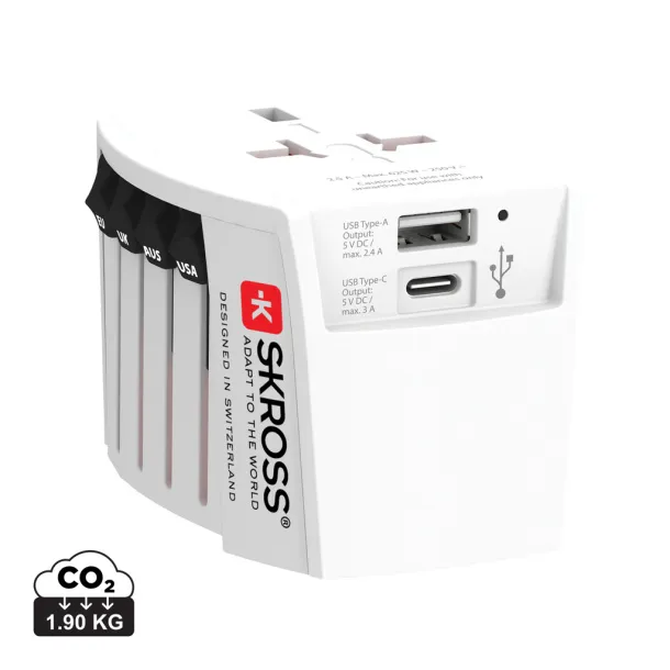 SKROSS MUV putni 2-polni adapter s USB A i C priključkom za putovanje svijetom - Skross Bijela