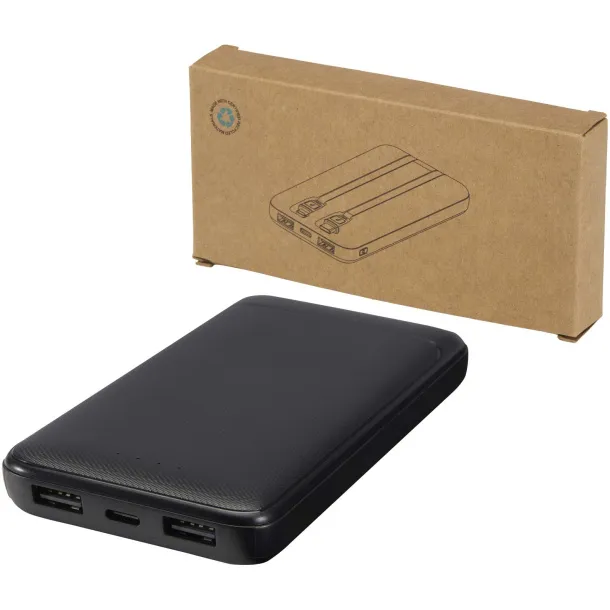 Adhil 10.000 mAh 10W recycled plastic power bank with 2 built-in cables Crna