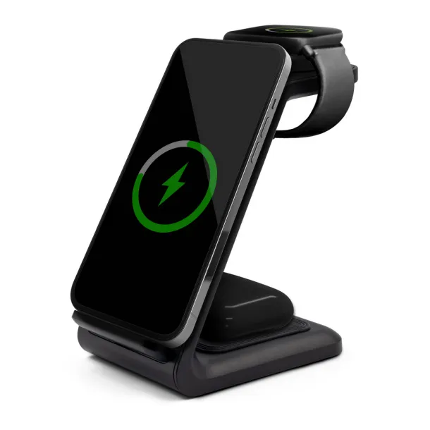 Todd Bežični punjač 3 u 1 i stalak za telefon, 15W Crna