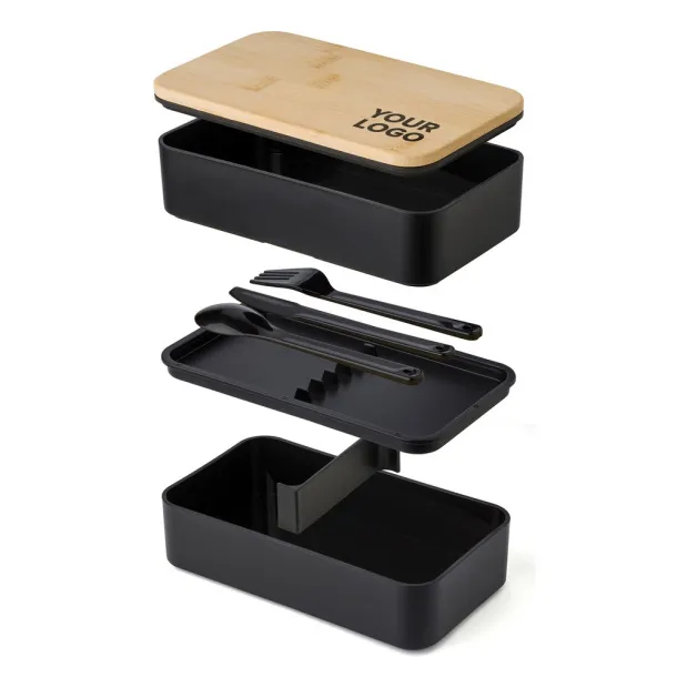  Lunch boxes, 2x400 ml, bamboo lid, cutlery Crna