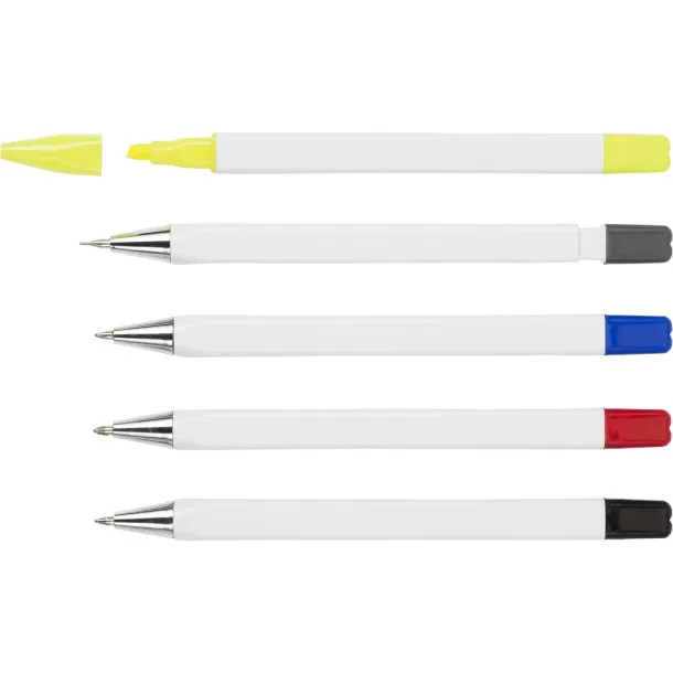  Writing set, pencil, highlighter and ball pens with caps that indicate ink colour Bijela