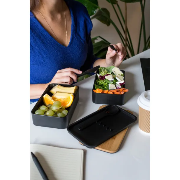 Tijani Lunch box 2 in 1, 2x500 ml, bamboo lid, cutlery Crna