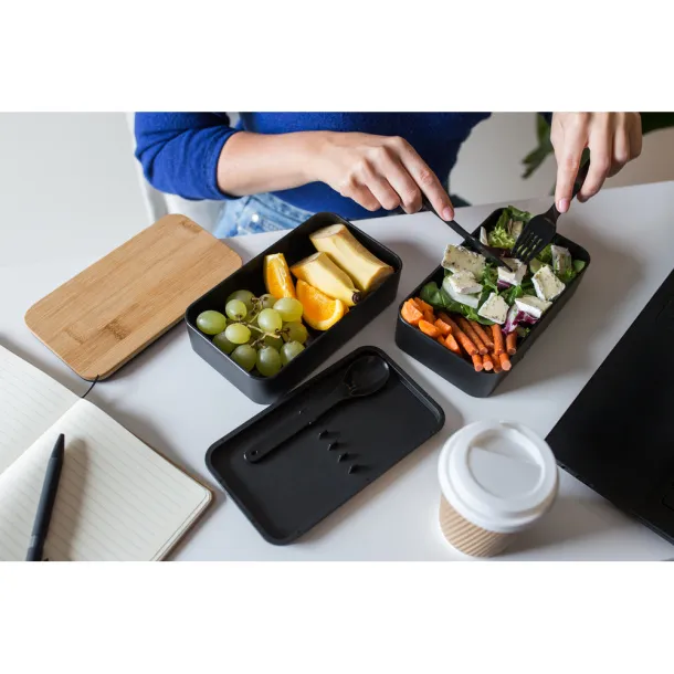 Tijani Lunch box 2 in 1, 2x500 ml, bamboo lid, cutlery Crna