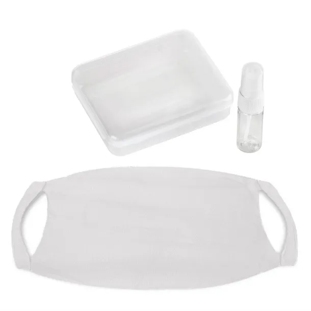  Set in box, spray bottle for disinfectant and reusable face mask with filter space and silver ions Bijela