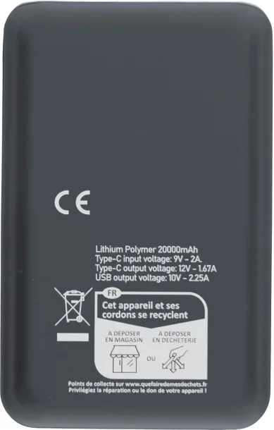  Rayen prijenosna baterija od recikliranog ABS-a - 22,5 W, 20 000 mAh Crna