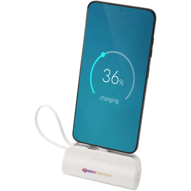 Alnair 5000 mAh 10W recycled plastic Type-C power bank with built-in flip stand and 2-in-1 cable White