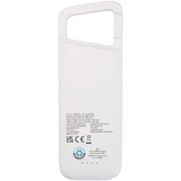 Alkes 5000 mAh 12W recycled plastic water resistant power bank with carabiner White