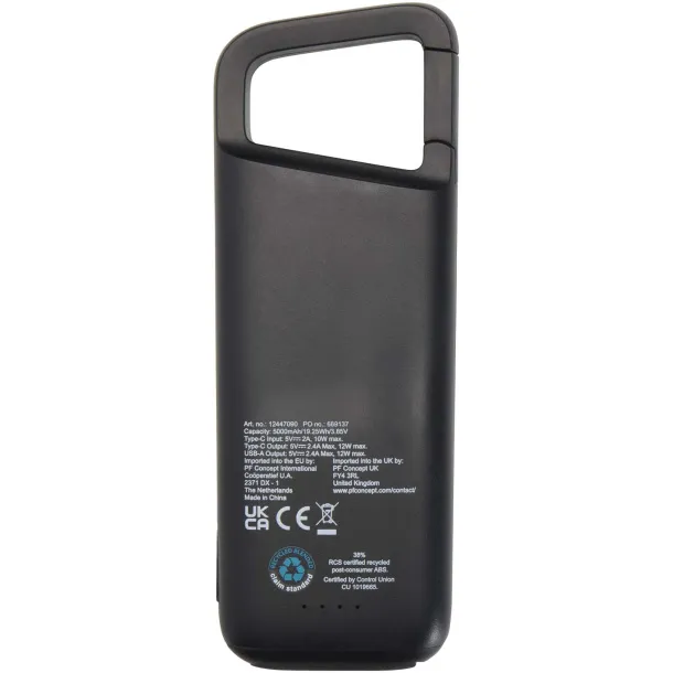 Alkes 5000 mAh 12W recycled plastic water resistant power bank with carabiner Crna