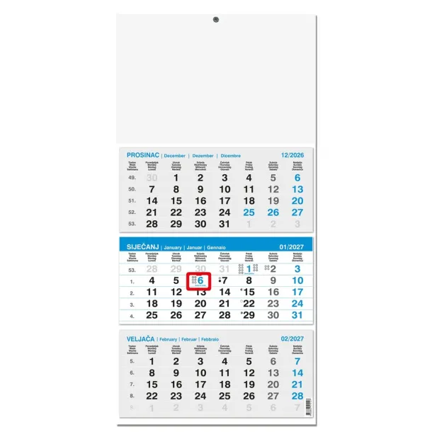  "Poslovni PLAVI iz tri dijela" ljepljeni, trodjelni kalendar Plava