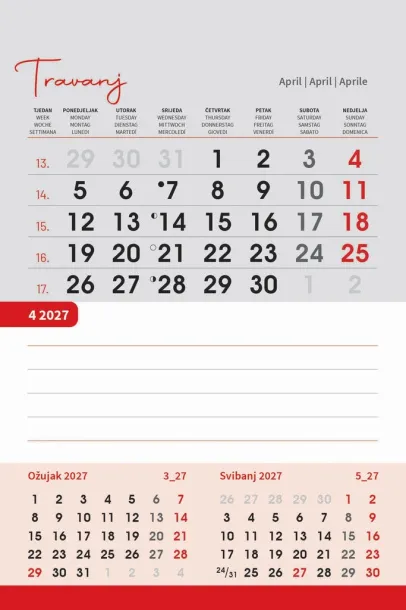 "TRODJELNI STOLNI VERTIKALNI" 12 sheets, format: 10x19 cm, desk calendar, P/50 Color