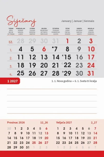  "TRODJELNI STOLNI VERTIKALNI" 12 sheets, format: 10x19 cm, desk calendar, P/50 Color