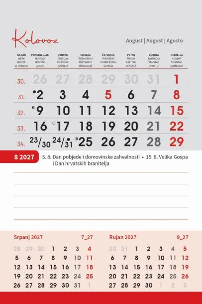  "TRODJELNI STOLNI VERTIKALNI" 12 sheets, format: 10x19 cm, desk calendar, P/50 Color