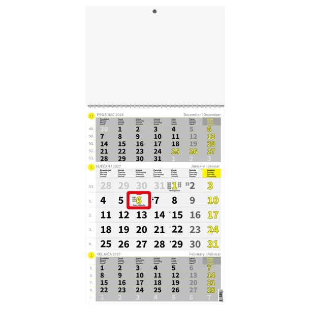  "Poslovni ŽUTO-SIVI" trodjelni kalendar, 12 list., dim:29,5x62cm, PVC vrećica, P/50 Žuta