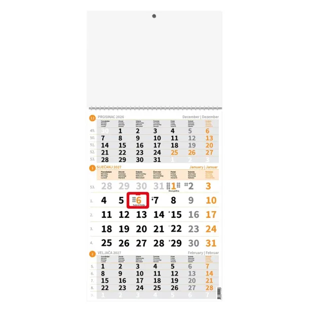  "Poslovni NARANČASTI" trodijelni kalendar, 12 list., dim:29,5x42cm, PVC vrećica, pokazivač, P/60 Narančasta