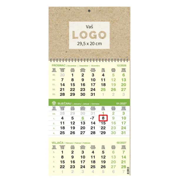  Three-part business calendar EKO GREEN, spiral bound Zelena