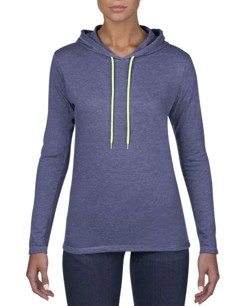  WOMEN’S LIGHTWEIGHT LONG SLEEVE HOODED TEE - Anvil Heather Blue Safety Green