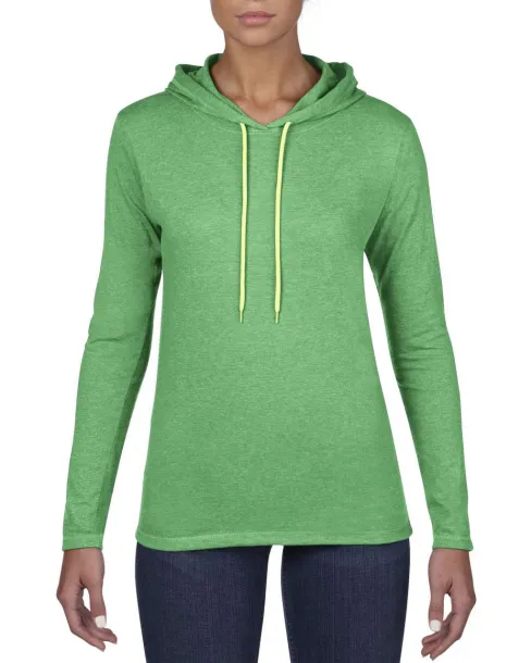  WOMEN’S LIGHTWEIGHT LONG SLEEVE HOODED TEE - Anvil Heather Green Safety Green