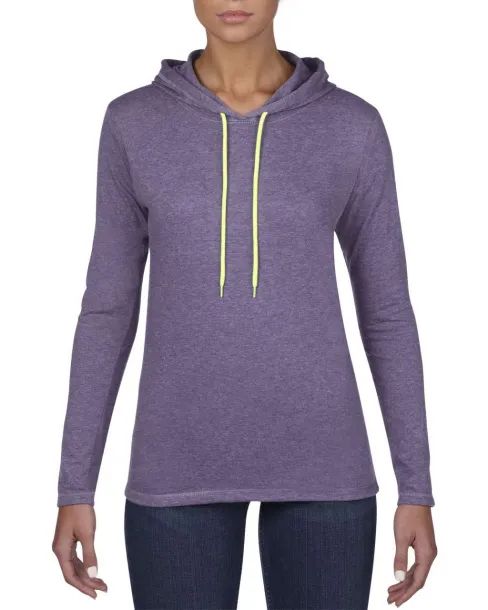  WOMEN’S LIGHTWEIGHT LONG SLEEVE HOODED TEE - Anvil Heather Purple Safety Green