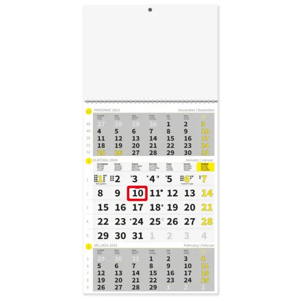  "Poslovni ŽUTO-SIVI" trodjelni kalendar, 12 list., dim:29,5x62cm, PVC vrećica, P/50 Žuta