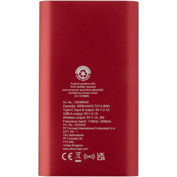 Juice 4000 mAh Type-C recycled aluminium wireless power bank Red