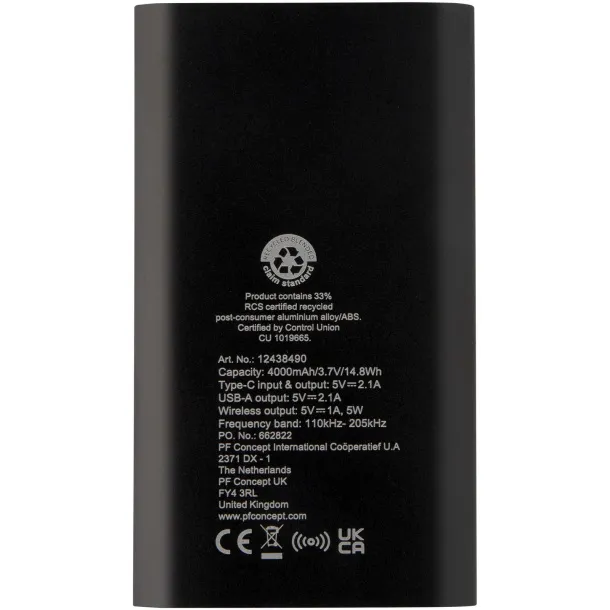 Juice 4000 mAh Type-C bežična baterija od recikliranog aluminija - Unbranded Solid black