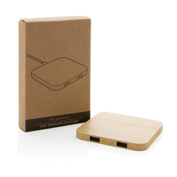  FSC® bamboo 10W wireless charger with USB - XD Collection Brown 