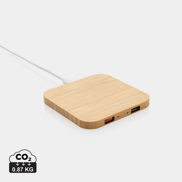  FSC® bamboo 10W wireless charger with USB - XD Collection Brown 