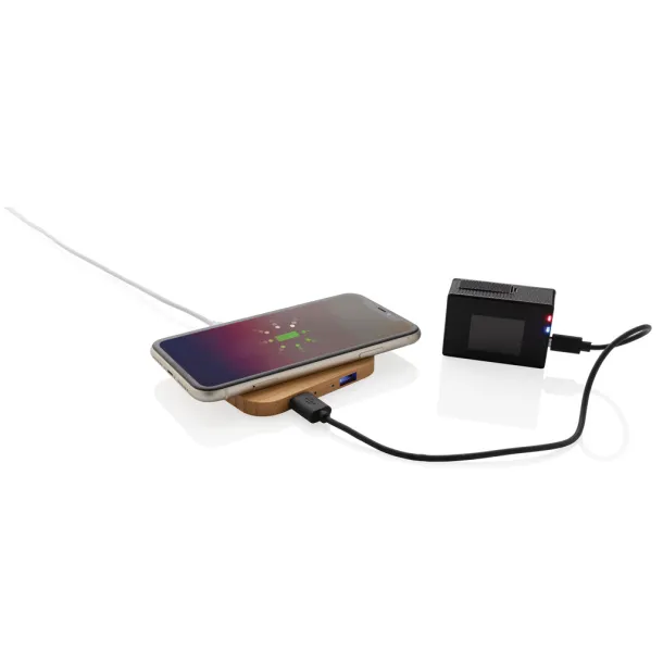  FSC® bamboo 10W wireless charger with USB - XD Collection Brown 