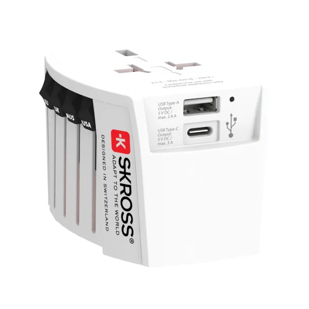 SKROSS MUV World Travel Adapter MUV 2-pole with USB A and C - Skross White 