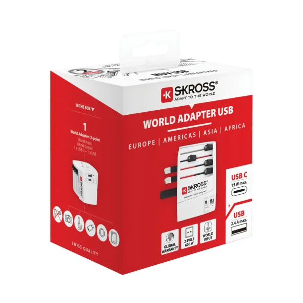 SKROSS MUV World Travel Adapter MUV 2-pole with USB A and C - Skross White 