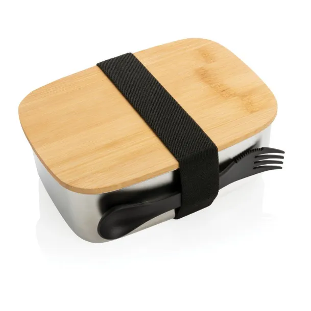  Stainless steel lunchbox with bamboo lid and spork - XD Collection Silver 